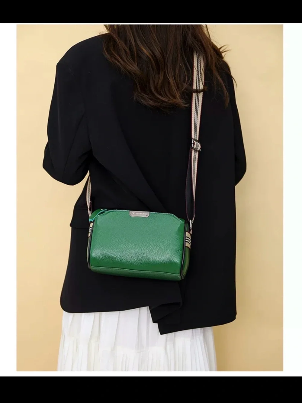 Textured Green Genuine Leather Crossbody Bag with Striped Strap